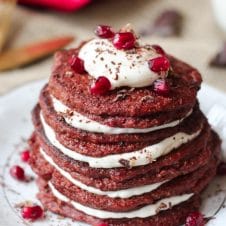 These Vegan Red Velvet Protein Pancakes with natural beet food coloring from beets is the perfect romantic gluten free, healthy Valentines Day brunch recipe to share with your sweetheart or family!