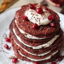 These Vegan Red Velvet Protein Pancakes with natural beet food coloring from beets is the perfect romantic gluten free, healthy Valentines Day brunch recipe to share with your sweetheart or family!