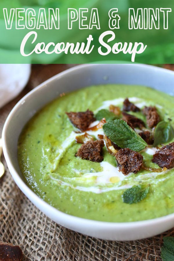 A pinterest image of a white bowl with pea, mint, and coconut soup with the text overlay \"vegan pea & mint coconut soup.\"