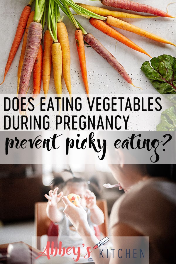 pinterest image of A bushel of colourful carrots and swiss chard above an image of A mom feeding her baby with text overlay 
