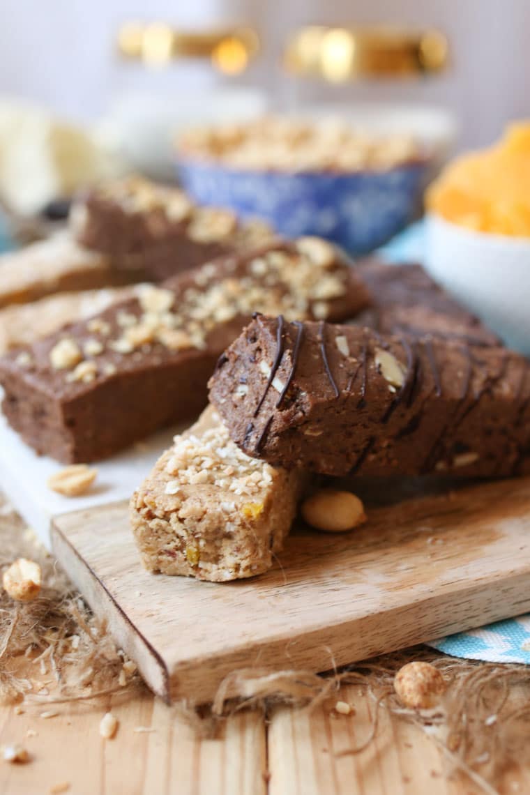 Close up of a pile of vegan protein bars. 