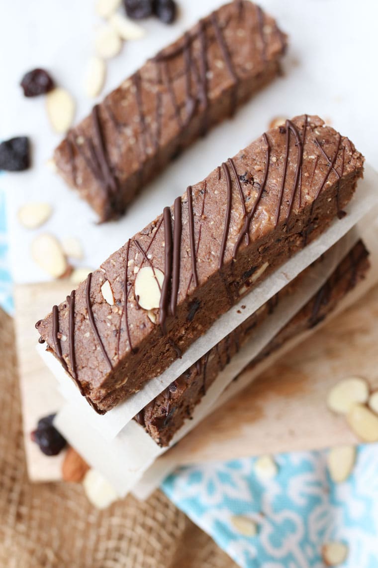 stack of vegan protein bars drizzled with chocolate
