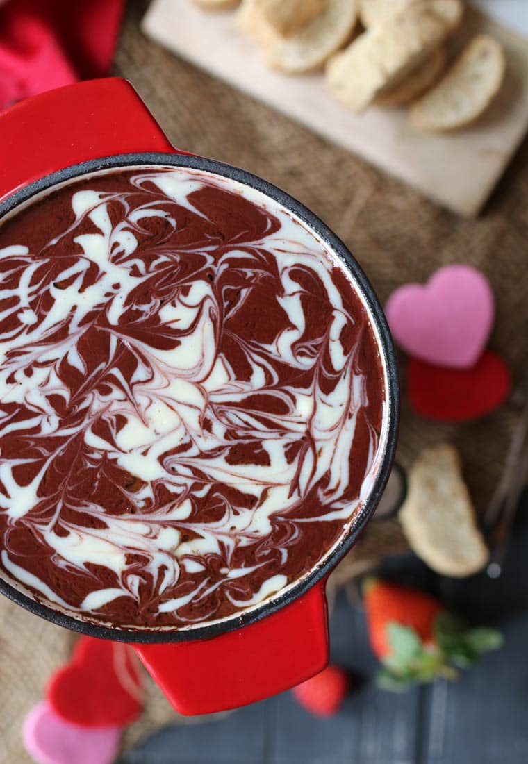 birds eye view of red velvet fondue in a bowl 