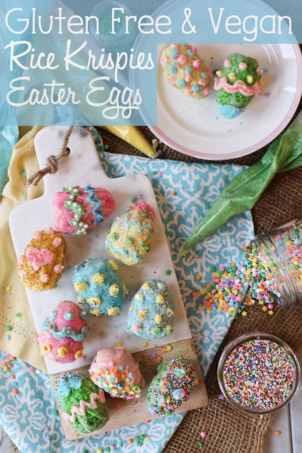 These Vegan Gluten Free Rice Krispies Easter Eggs with Homemade Vegan White Chocolate that is easy for the whole family to decorate with different colours, sprinkles and candies! #eastereggs #easter #vegan #glutenfree #ricekrispies #sprinkles #dessert #healthydessert