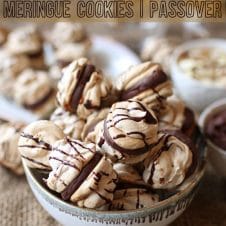A pinterest image of a bowl with almond cherry chocolate meringue cookies with a chocolate ganache with the overlay text "gluten free | dairy free almond cherry chocolate meringue cookies | passover."