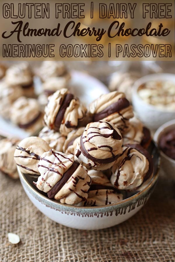 A pinterest image of a bowl with almond cherry chocolate meringue cookies with a chocolate ganache with the overlay text \"gluten free | dairy free almond cherry chocolate meringue cookies | passover.\"