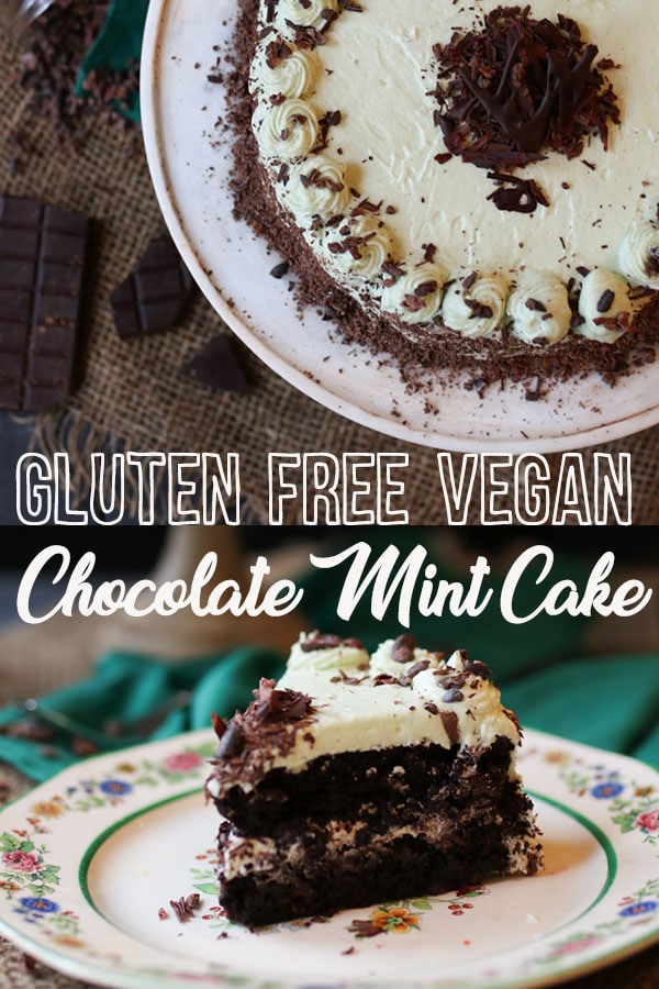 Pinterest image of chocolate mint cake and a slice with a text overlap \"gluten free vegan chocolate mint cake.\"