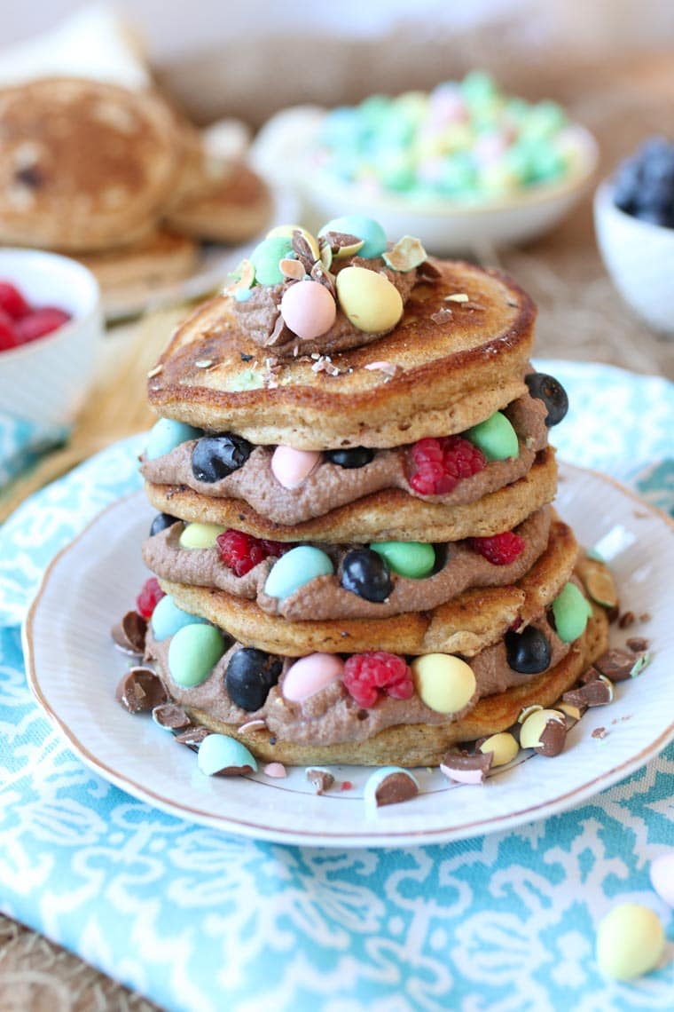 A stack of mini egg pancakes for Easter morning breakfast.
