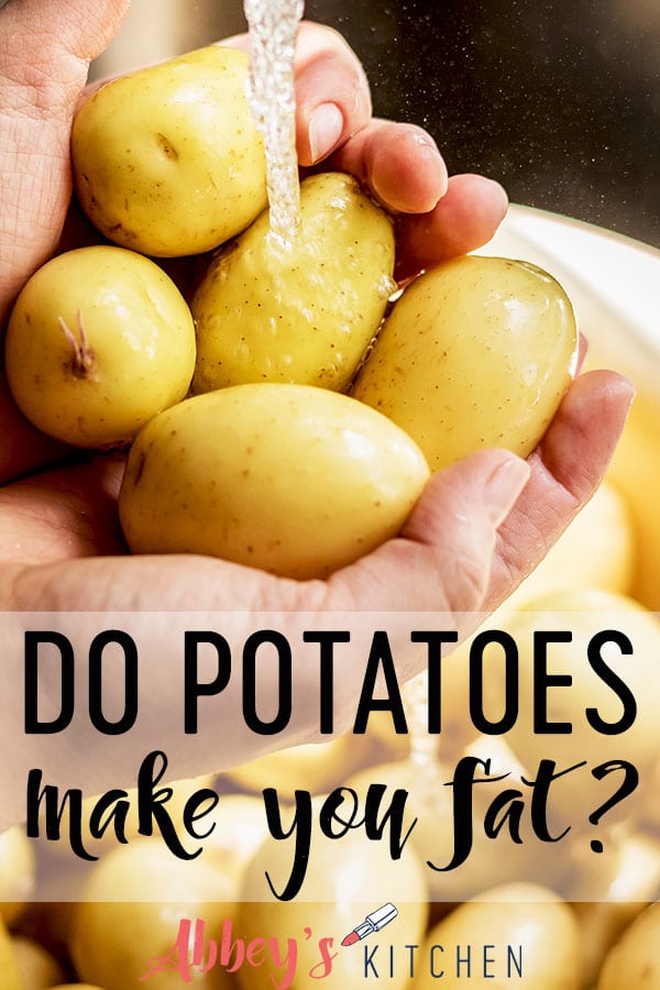 pinterest image of Two hands holding yellow flesh potatoes under running water with text overlay