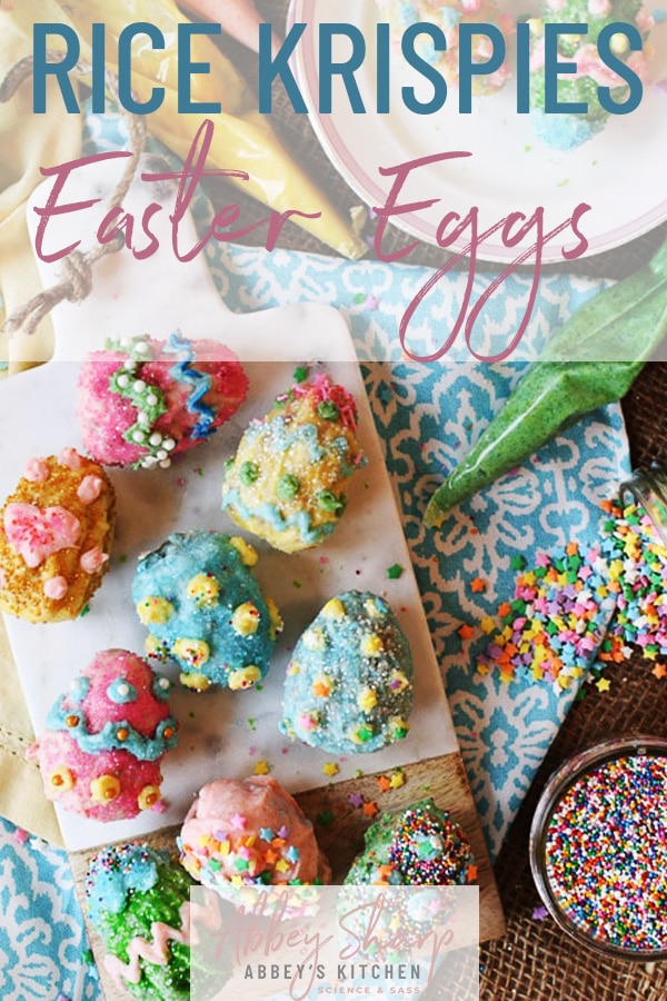 pinterest image of easter themed rice krispie eggs on a serving plate with sprinkles with text overlay 