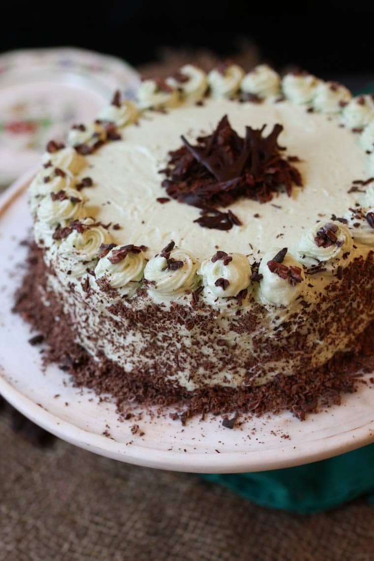 close up of gluten free vegan mint chocolate cake garnished with shaved chocolate served on a white plate