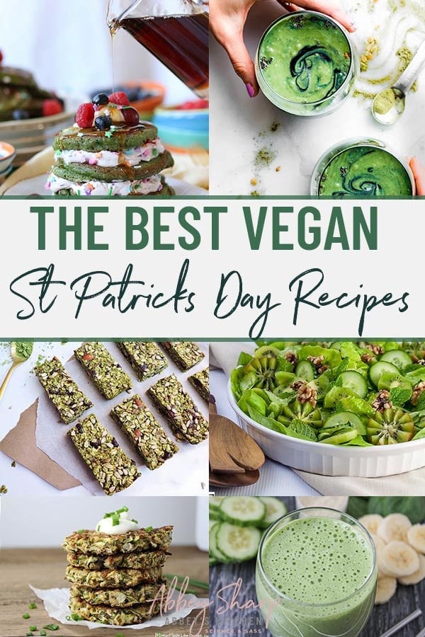 pinterest image of multiple vegan st patricks day green recipe photos with text overlay