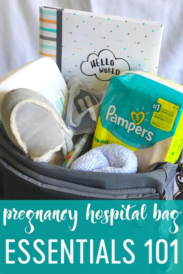 Pinterest image of a hospital bag with the text overlay \"pregnancy hospital bag essentials 101.\"