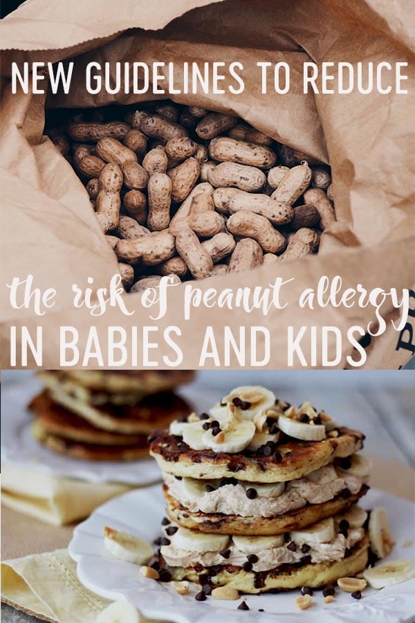 Pinterest image of shelled peanuts in a paper bag and a stack of peanut butter protein pancakes topped with bananas and mini chocolate chips with text overlay.