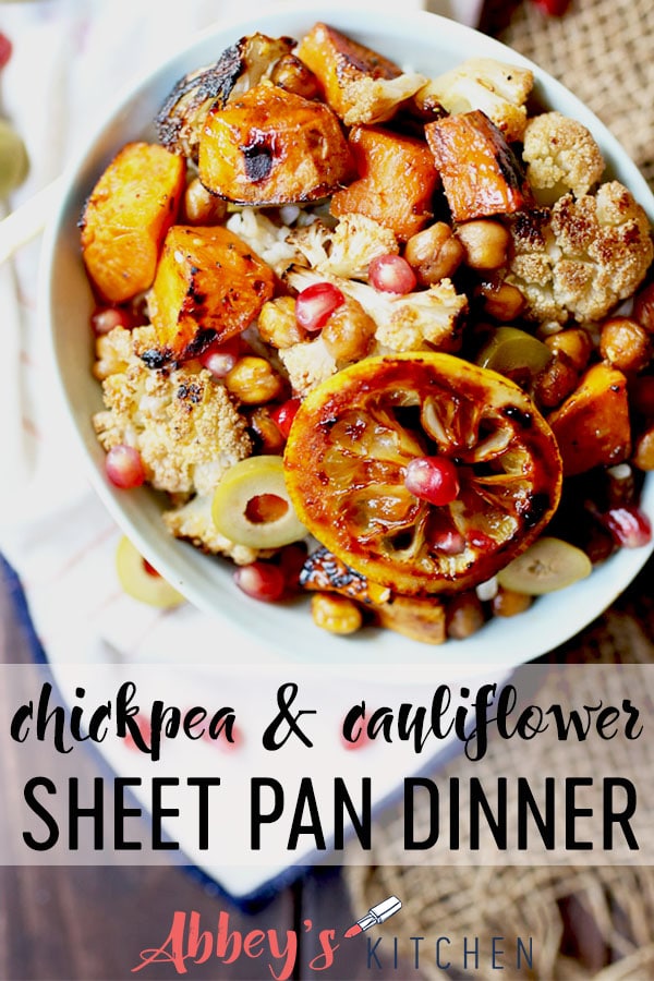 pinterest image of Vegan chickpea and cauliflower sheet pan dinner in a bowl with text overlay