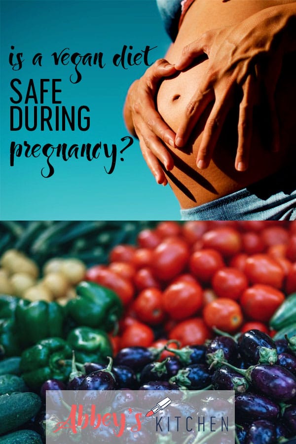 pinterest image of a woman holding her pregnant stomach above a photo of fresh fruit with text overlay 