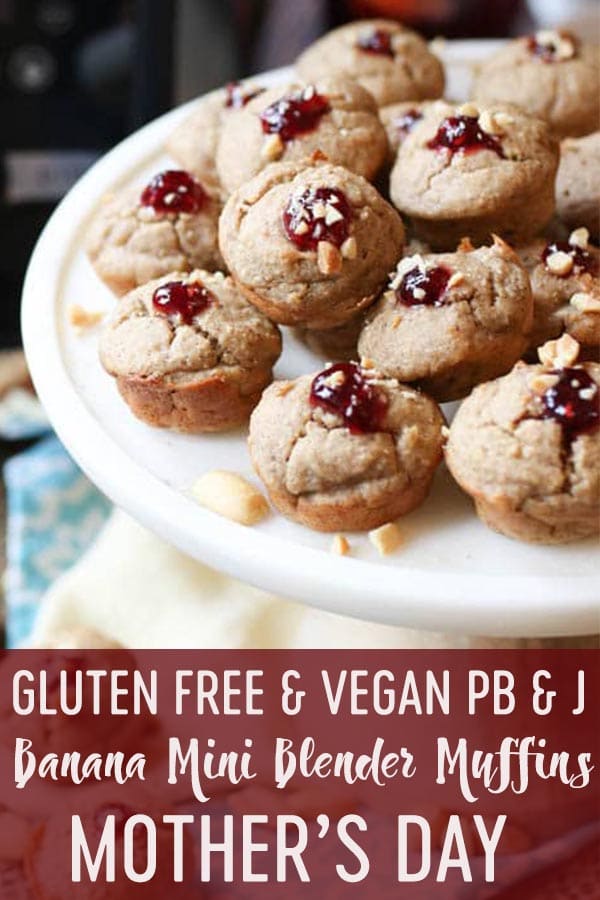 Pinterest image of a white plate with blender muffins with jam on top and peanuts with the overlay text \"gluten free & vegan PB&J banana mini blender muffins for Mother\'s Day.\"