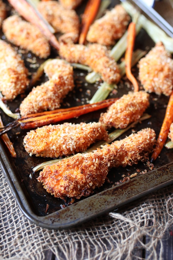 This Gluten Free Buffalo Chicken Fingers Sheet Pan Dinner with Roasted Carrots and Celery is a simple one pan wonder that also make great freezer meals for crazy nights.