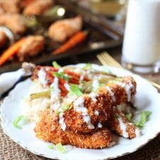 This Gluten Free Buffalo Chicken Fingers Sheet Pan Dinner with Roasted Carrots and Celery is a simple one pan wonder that also make great freezer meals for crazy nights.