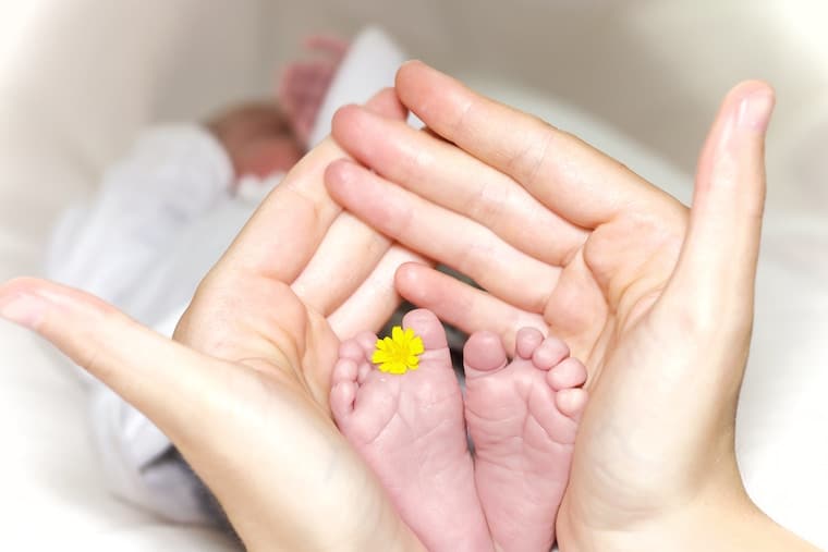 A baby\'s feet in the hands of a set of adult hands.
