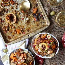 This Gluten Free Vegan Chickpea and Cauliflower Sheet Pan Dinner with Pomegranate Harissa Glaze is the perfect easy one pan weeknight meal that is even easy to batch prep and freeze for busy weeknights!