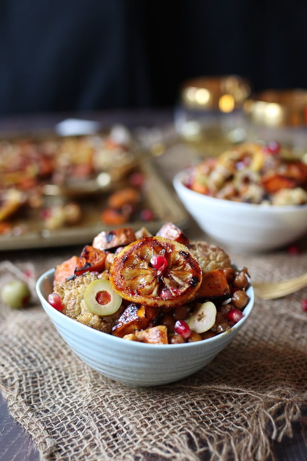 Chickpea and cauliflower sheet pan dinner served in a bowl.