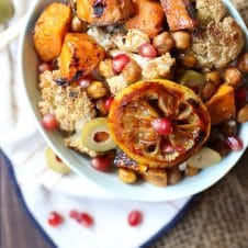 Chickpea and cauliflower sheet pan dinner in a bowl.