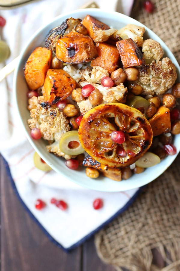 Chickpea and cauliflower sheet pan dinner in a bowl.