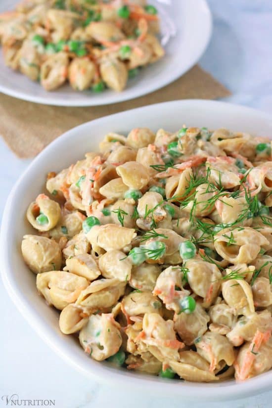 Ranch pasta salad in a white bowl. 