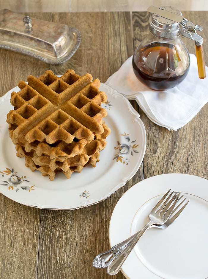 Chai spiced waffle on a white plate. 