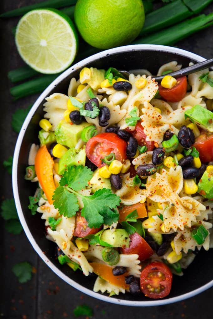 Pasta salad with corn and beans in a bowl. 