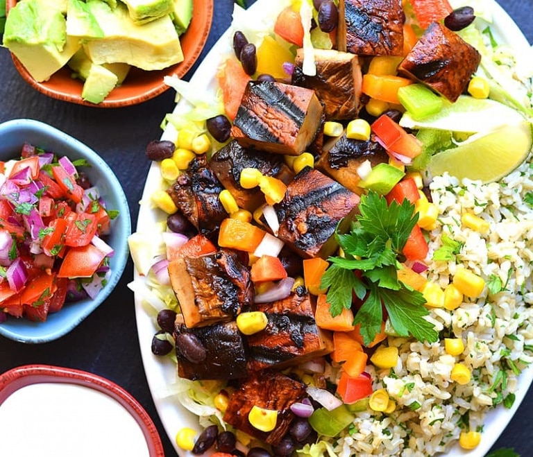 Portobello mushrrom burrito bowl on rice. 