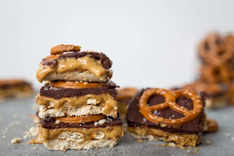 Chocolate coated tahini caramel pretzel bars. 