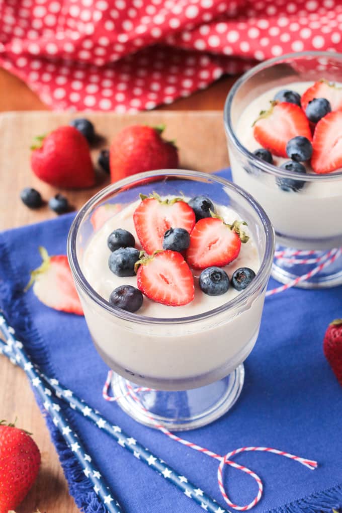 Vegan pudding topped with berries.