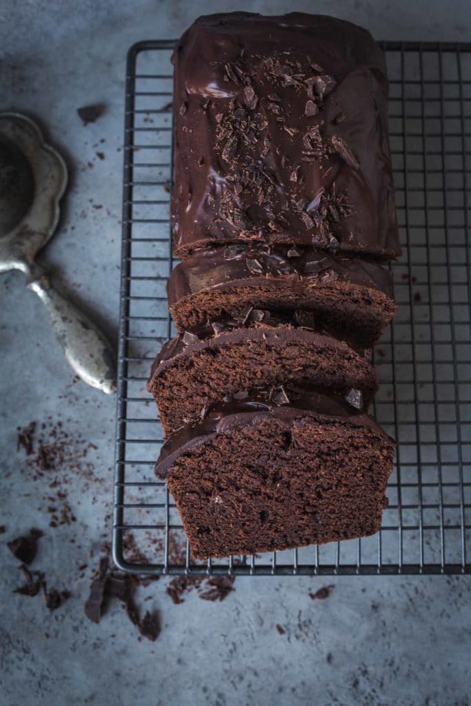 Chocolate cake on a rack.