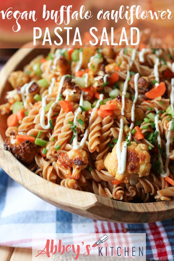 Healthy Vegan Buffalo Cauliflower Pasta Salad perfect for a Summer Potluck #summer #potluck #healthyrecipe #vegansalad #cauliflower #pastasalad #buffalosauce #veganfood #plantbasedsalad #summerpotluck #healthyfood #saladrecipe