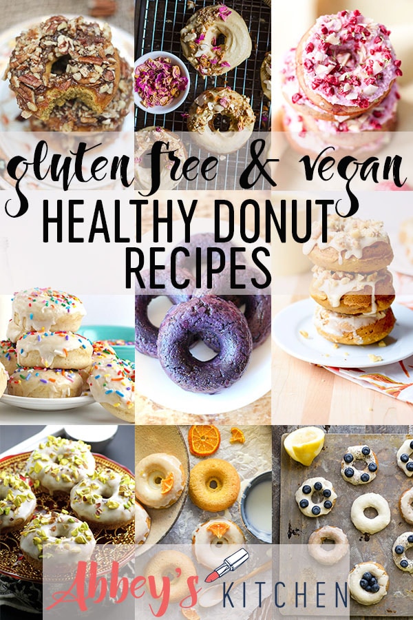 Pinterest image with text overlay saying \"gluten free and vegan healthy donut recipes\" over top multiple images of donuts.