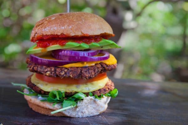 A stacked vegan burger for a vegan pregnancy diet.