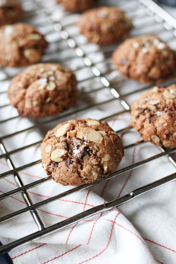 Chocolate almond vegan lactation cookies on a cooling rack. 