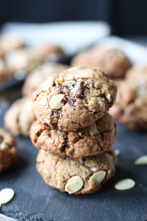 Cookies from the best lactation cookie recipe stacked on a serving dish. 