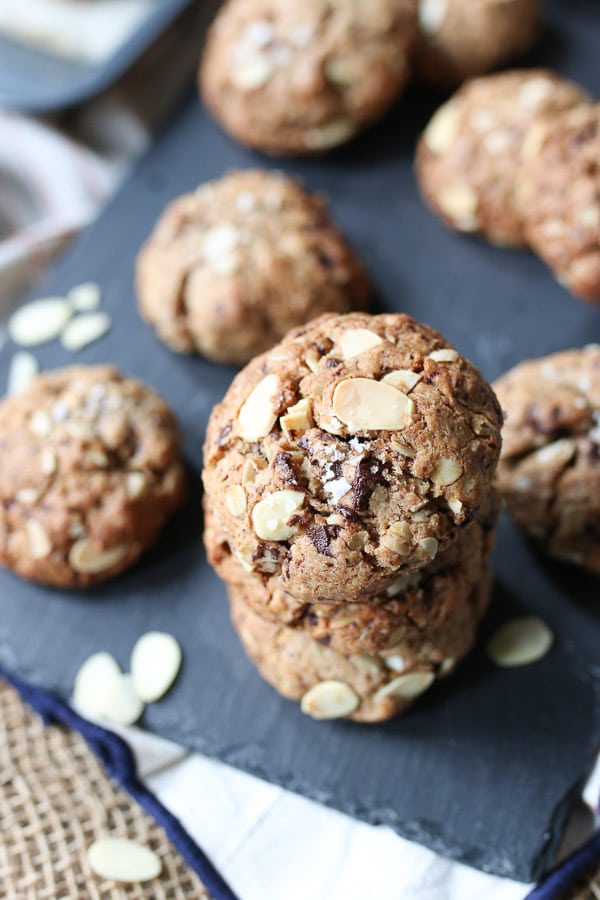 Stack of Chocolate Almond Lactation Cookies. 