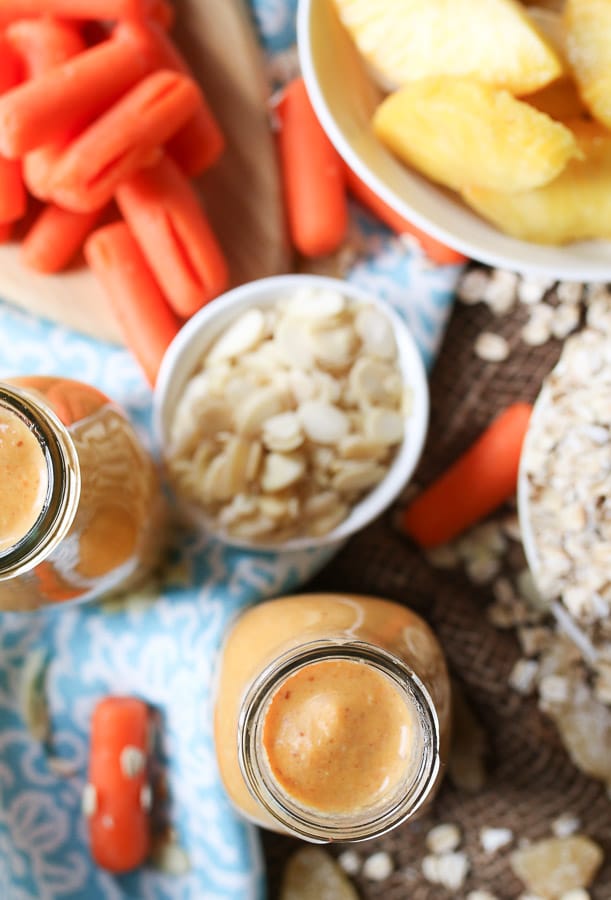 Carrot cake lactation smoothie in large glass.