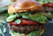 A close up photo of a burger.