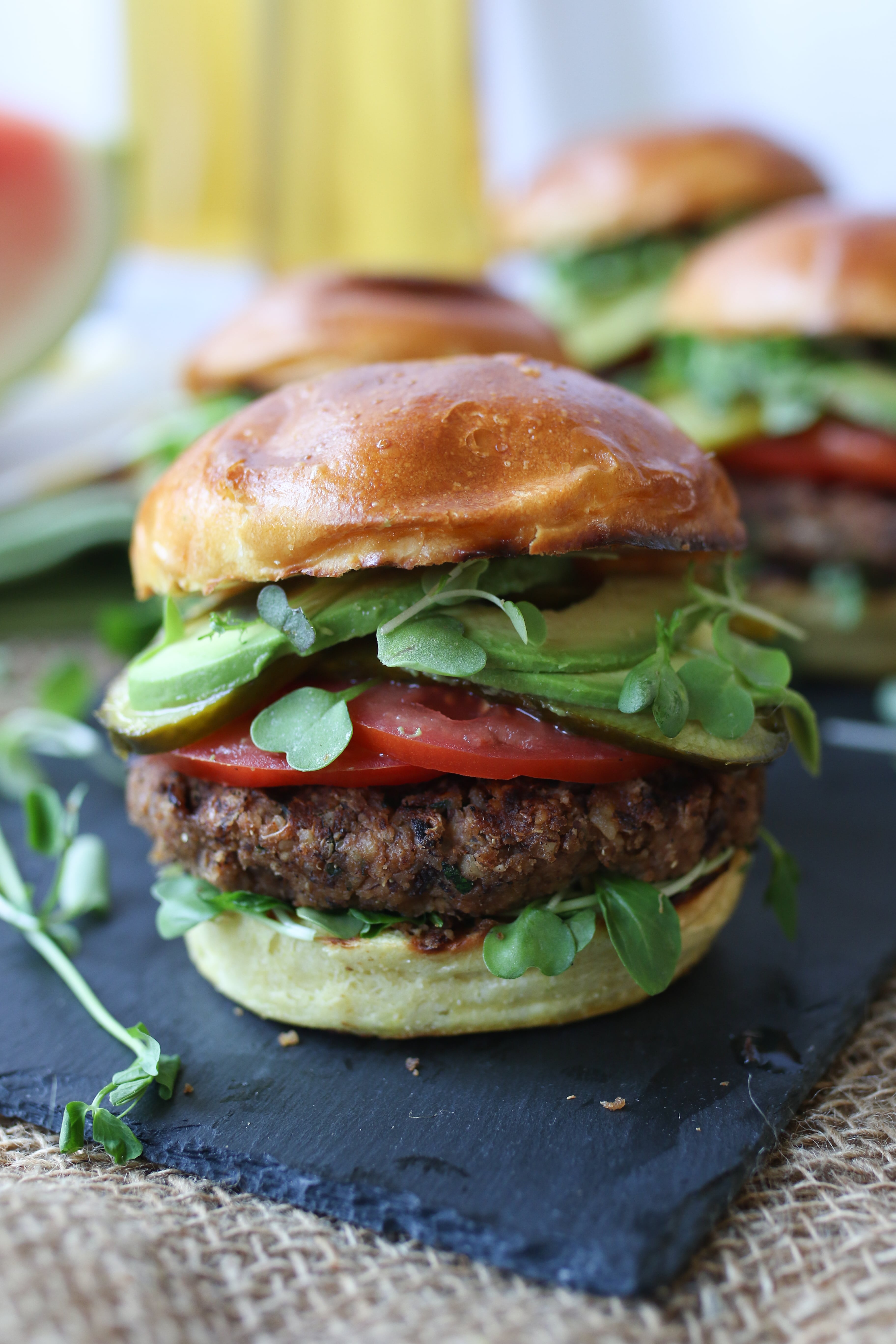 A close up photo of a vegan black bean burger.