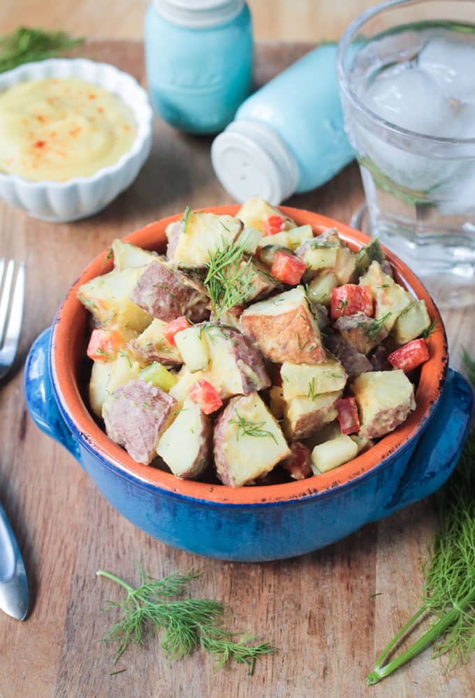 Potato salad in a serving dish. 