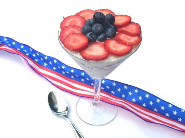 red white and blue overnight oats topped with berries