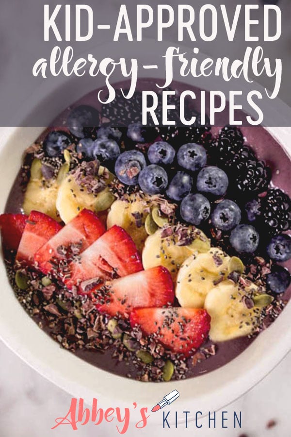 pinterest image of allergy friendly smoothie bowl recipe for kids with text overlay