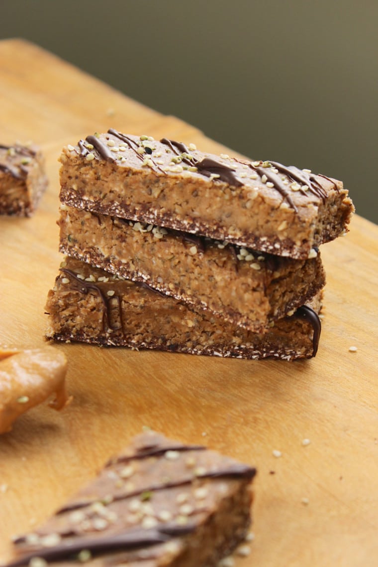 close up of a stack of vegan no bake protein bars