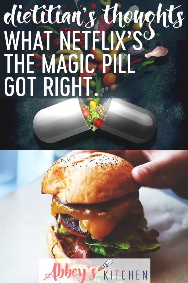 pinterest image of a graphic of a pill above an image of a hamburger with text overlay 