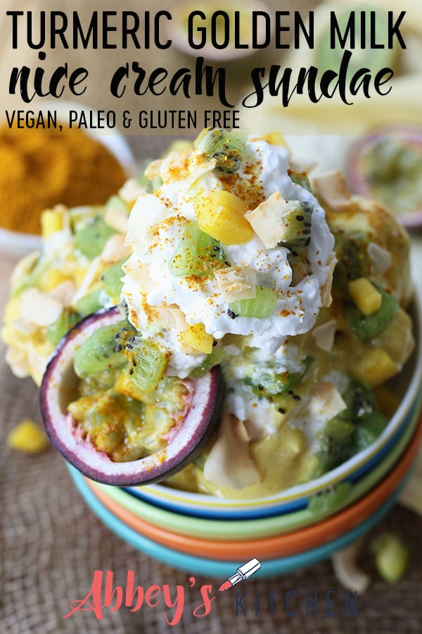 pinterest image of Vegan Turmeric Golden Milk Nice Cream Sundae with text overlay